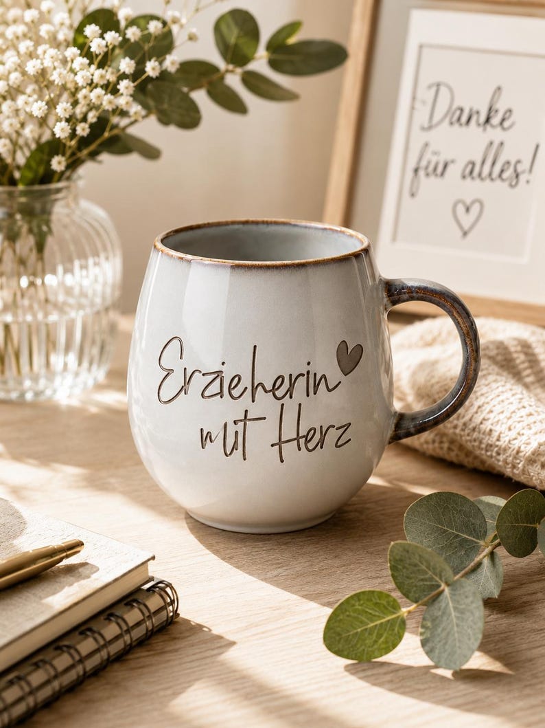May include: A round ceramic mug with a light gray glaze and a dark brown rim. The mug features the dark brown text Erzieherin mit Herz and a small heart icon. The handle is dark brown with a mottled finish, and the base is rounded and smooth.