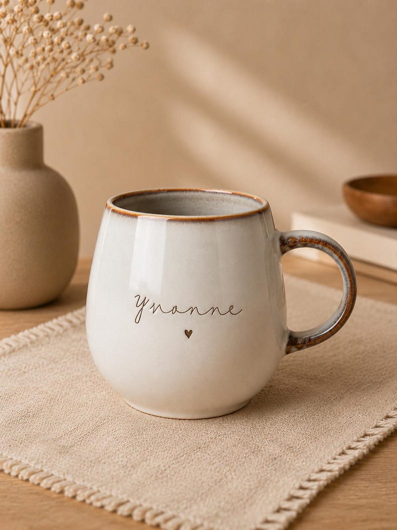 May include: A rounded ceramic mug with a cream-colored glaze and a brown speckled rim. The mug features the name Yvonne written in a thin, dark script font, followed by a small heart symbol. It has a curved handle with a brown, textured finish.