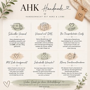 May include: A white informational card from AHK Handmade featuring six sections with icons and German text regarding shipping, DHL delivery, damage replacement, handmade quality, custom requests, and support for a small family business.