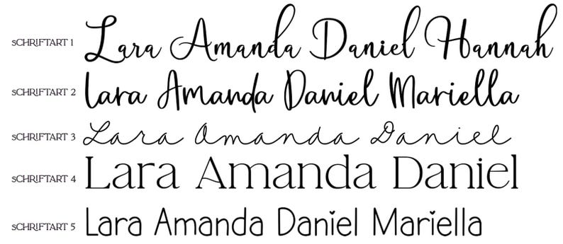 K&ouml;nnte beinhalten: Eine schwarz-wei&szlig;e Grafik mit f&uuml;nf verschiedenen Schriftarten, beschriftet mit SCHRIFTART 1 bis 5. Jede Zeile zeigt die Namen Lara, Amanda, Daniel, Hannah oder Mariella in verschiedenen kursiven, Serif- und serifenlosen Typografien.