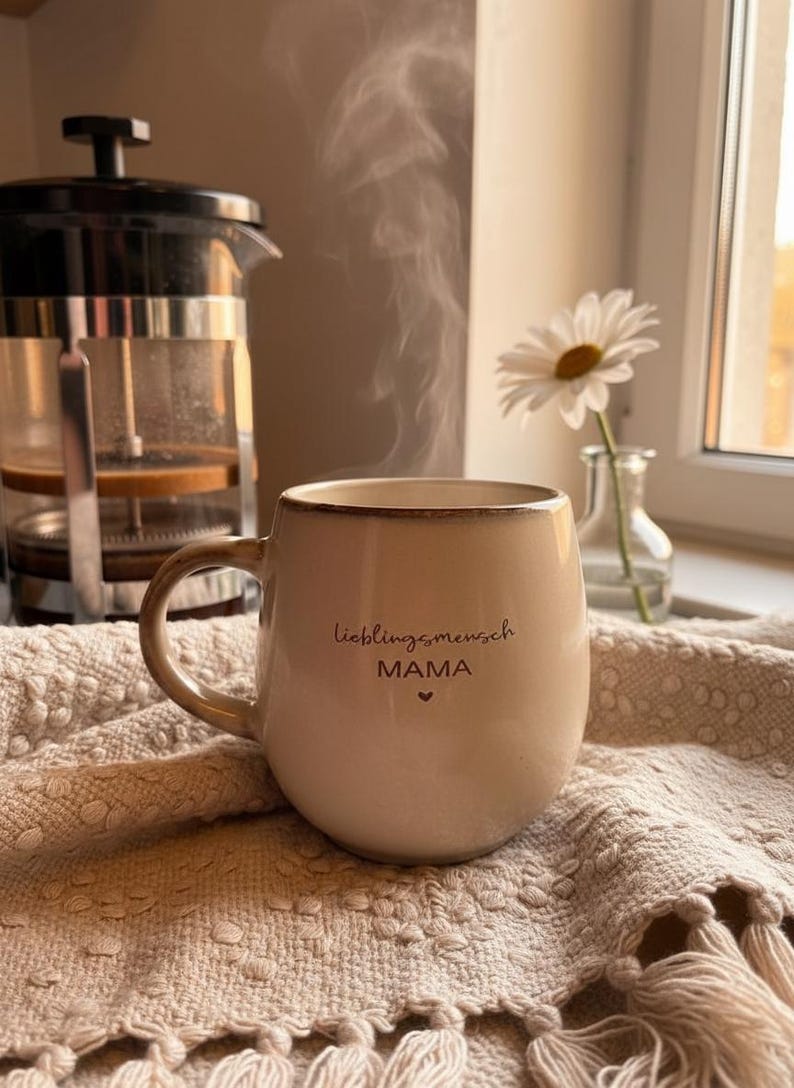 May include: A beige ceramic mug with the words "lieblingsmensch MAMA" printed on it, with steam rising from the contents. A French press and a daisy in a vase are in the background. The mug sits on a textured, fringed cloth.