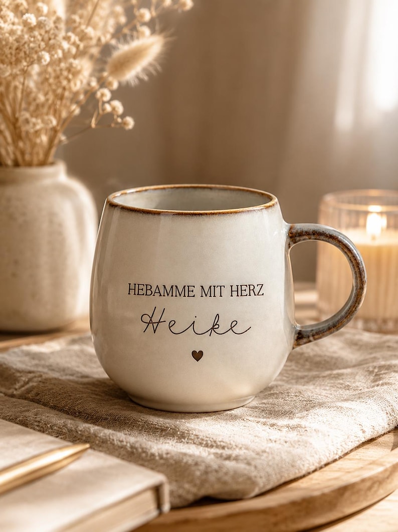 May include: A round, off-white ceramic mug with a speckled finish and a brown rim. The text HEBAMME MIT HERZ is printed in black, followed by the name Heike in a cursive script and a small black heart icon centered below the name.
