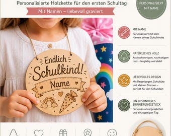 Personalisierte Einschulungskette aus Holz | Heute bin ich Schulkind | Geschenk zur Einschulung | Name & Datum | Erinnerung