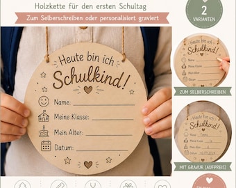 Personalisierte Einschulungskette aus Holz | Heute bin ich Schulkind | Einschulung Geschenk | Namensschild | 6 Designs