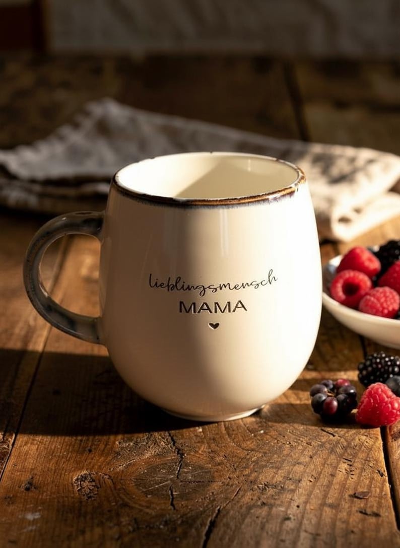 May include: Cream ceramic mug with a rounded shape and a dark blue handle. The mug has the words "lieblingsmensch MAMA" and a heart symbol printed on it. Berries are in a small white bowl next to the mug.