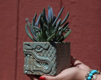 Dragon Snake Planter -  Aztec Sculpture - Ceramic Pot - Jade Green