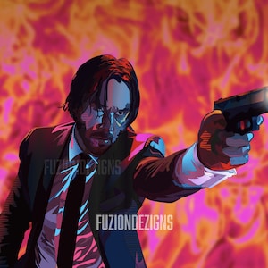 May include: A man in a suit with a blue tie holds a gun with a muzzle flash in front of a fiery orange and pink background. The text "FUZIONDEZIGNS" is visible in the image.