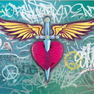 May include: A pink heart with a silver sword piercing through it, surrounded by two yellow wings with purple trim. The background is a turquoise blue with white and gray graffiti.