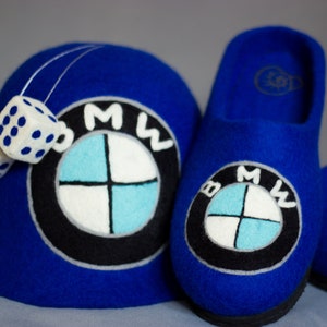 BMW Gift Set Blue Felted Shoes Man Wool Slippers Kit Driver Racer Car Present Woolen Clog Sauna Men Felt Hat Cap Automobile Husband Father