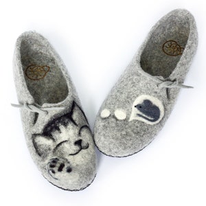 Slippers Felted Women Wool Mom Grandmother Mothers Day Natural Cat and Mouse Felt House Organic Home Gray Shoes Eco Friendly Clogs Pet Lover image 1