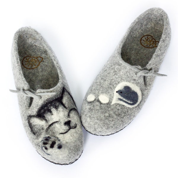 Slippers Felted Women Wool Mom Grandmother Mothers Day Natural Cat and Mouse Felt House Organic Home Gray Shoes Eco Friendly Clogs Pet Lover