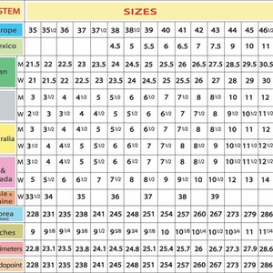 May include: A chart showing shoe size conversions for men and women across different countries and regions, including Europe, Mexico, Japan, the United Kingdom, Australia, the United States and Canada, Russia and Ukraine, Korea, inches, centimeters, and mondopoint.