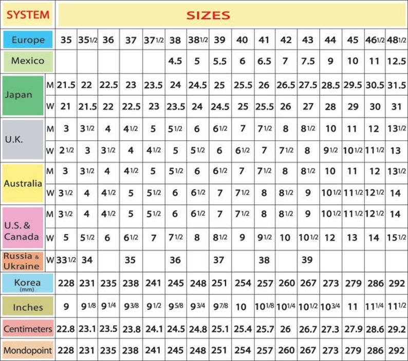 May include: A chart showing shoe size conversions for men and women across different countries and regions, including Europe, Mexico, Japan, the United Kingdom, Australia, the United States and Canada, Russia and Ukraine, Korea, inches, centimeters, and mondopoint.