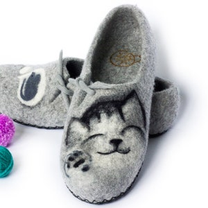 Slippers Felted Women Wool Mom Grandmother Mothers Day Natural Cat and Mouse Felt House Organic Home Gray Shoes Eco Friendly Clogs Pet Lover image 6