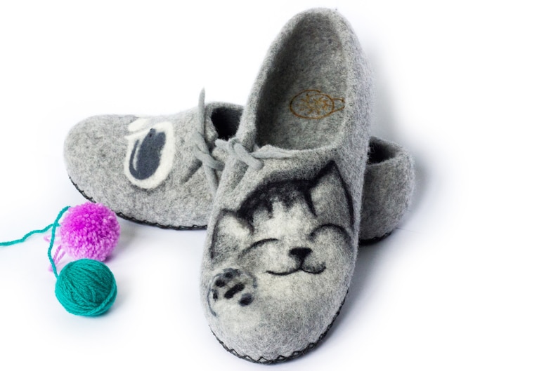 Slippers Felted Women Wool Mom Grandmother Mothers Day Natural Cat and Mouse Felt House Organic Home Gray Shoes Eco Friendly Clogs Pet Lover image 6