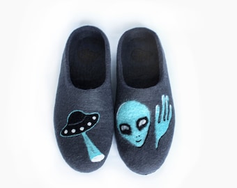 Alien UFO Funny Felted Wool Slippers Valentines Day Gray Shoes Flying Saucer Space Guests  House Warm Women Girl Present Teenager Gift