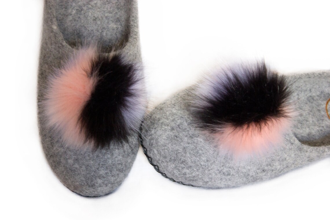 Furry Women Slippers Fuzzy Grey Felted Wool House White Black Etsy