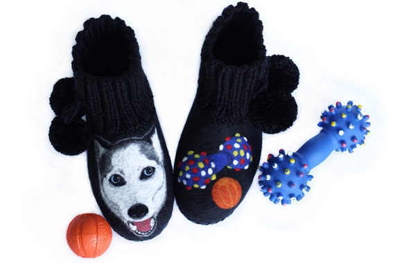 Husky Dog Felted Crochet Slippers Black Pet Animal Portrait Wool Felt Shoes Women House Forever Friends Personalized Pet Lover Daughter Gift Etsy