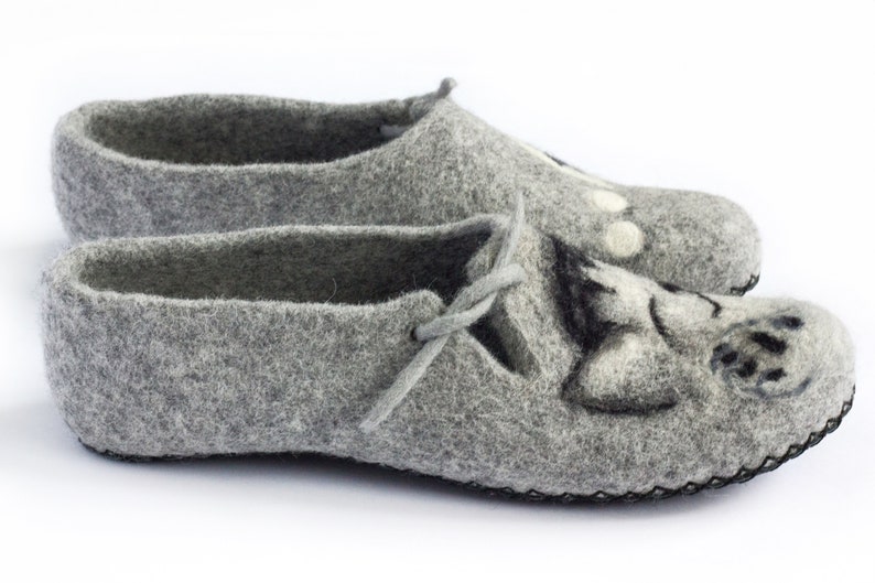 Slippers Felted Women Wool Mom Grandmother Mothers Day Natural Cat and Mouse Felt House Organic Home Gray Shoes Eco Friendly Clogs Pet Lover image 9