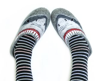 Shark Felted Women Slippers Organic Wool Housewarming Gift Fisherman Diver Grey Funny Felt Shoes Ocean Sea Megalodon Jaws Big Fish Animal