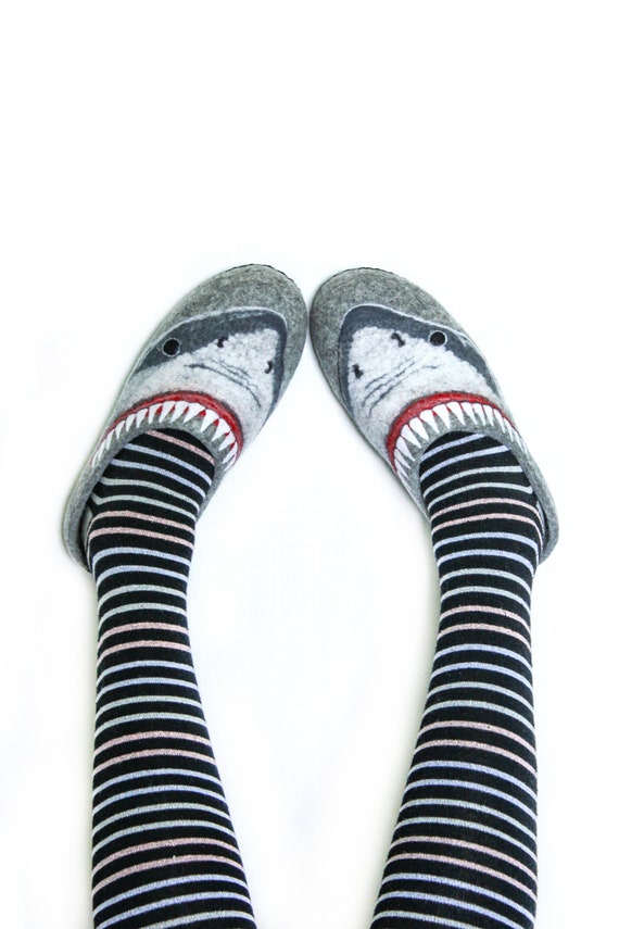Shark Felted Women Slippers Organic Wool Housewarming Gift Fisherman Diver Grey Funny Felt Shoes Ocean Sea Megalodon Jaws Big Fish Animal