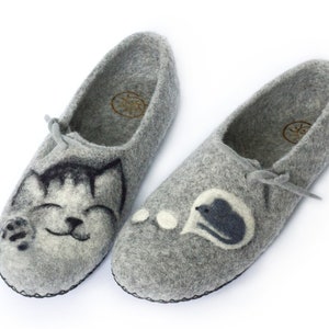 Slippers Felted Women Wool Mom Grandmother Mothers Day Natural Cat and Mouse Felt House Organic Home Gray Shoes Eco Friendly Clogs Pet Lover image 3