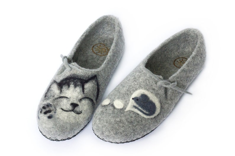 Slippers Felted Women Wool Mom Grandmother Mothers Day Natural Cat and Mouse Felt House Organic Home Gray Shoes Eco Friendly Clogs Pet Lover image 3