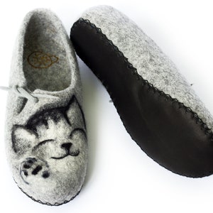 Slippers Felted Women Wool Mom Grandmother Mothers Day Natural Cat and Mouse Felt House Organic Home Gray Shoes Eco Friendly Clogs Pet Lover image 4