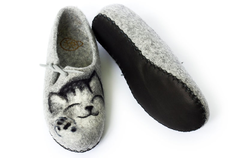 Slippers Felted Women Wool Mom Grandmother Mothers Day Natural Cat and Mouse Felt House Organic Home Gray Shoes Eco Friendly Clogs Pet Lover image 4