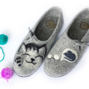 Slippers Felted Women Wool Mom Grandmother Mothers Day Natural Cat and Mouse Felt House Organic Home Gray Shoes Eco Friendly Clogs Pet Lover image 5
