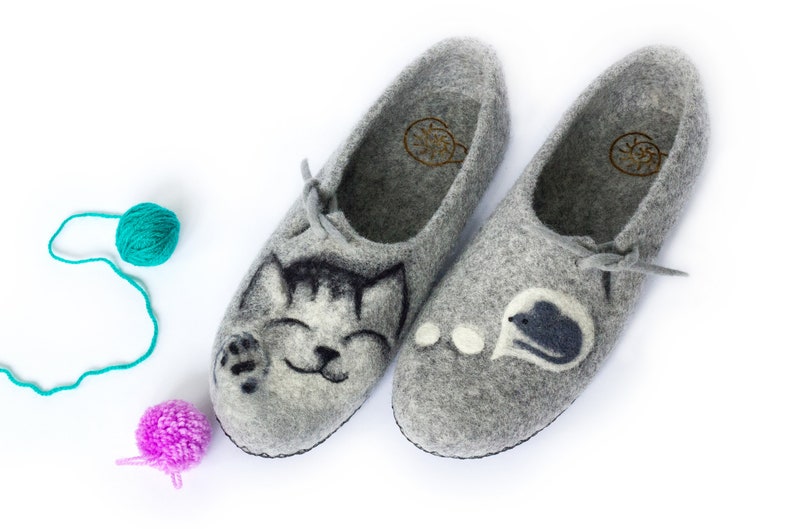Slippers Felted Women Wool Mom Grandmother Mothers Day Natural Cat and Mouse Felt House Organic Home Gray Shoes Eco Friendly Clogs Pet Lover image 5