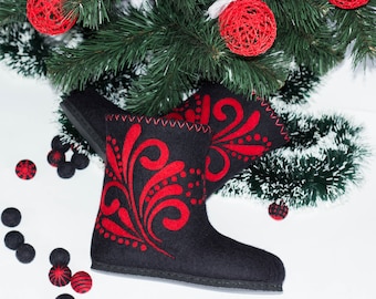 Gefilzte Stiefel Filz Valenki Merino Wolle Schuhe Knöchel Frauen schwarz rot Ornament Frauen Festival Low Sohle Winter solide gekocht Weihnachten Frau Geschenk