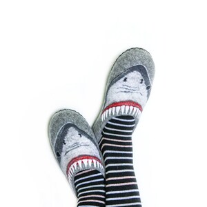Pu&ograve; includere: Un paio di pantofole in feltro grigio con un design a forma di testa di squalo. Le pantofole sono indossate su piedi con calze a righe bianche e nere.