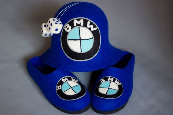 BMW Geschenk Set blau gefilzt Schuhe Mann Wolle Hausschuhe Kit Fahrer Racer  Auto präsentieren Wolle Clog Sauna Männer Filz Mütze Auto Ehemann Vater -  .de