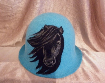 Wool Felted filzhut Black Horse Blue Sauna Bath Spa Felt Blue Cap Hat Handmade Gift for Her Him Accessories Hats & Caps Woodland African
