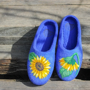 Zapatillas de fieltro de lana de girasol Símbolo de la guerra De la guerra Somos un apoyo Salvar Ucrania Cerrar el cielo Amarillo Azul