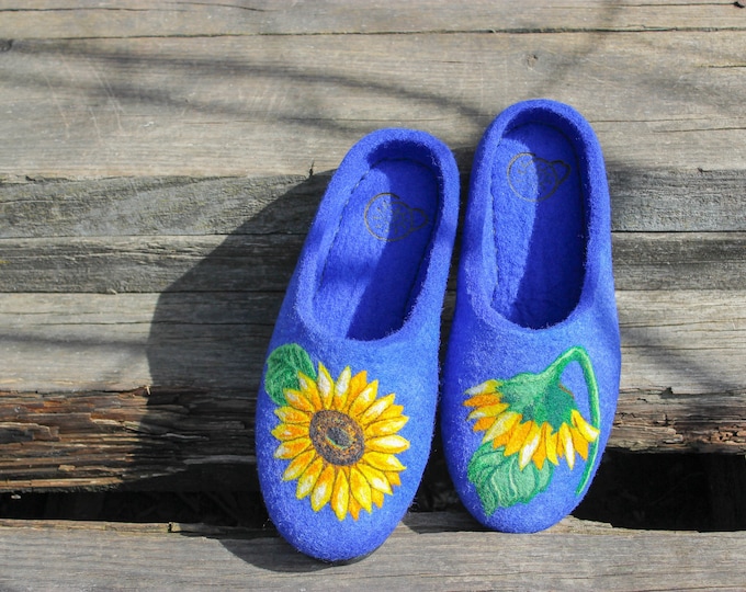 Sunflower Wool Felted Slippers Urainian Symbol War We Are One Support Save Ukraine Close the Sky Yellow Blue