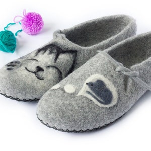 Slippers Felted Women Wool Mom Grandmother Mothers Day Natural Cat and Mouse Felt House Organic Home Gray Shoes Eco Friendly Clogs Pet Lover image 7