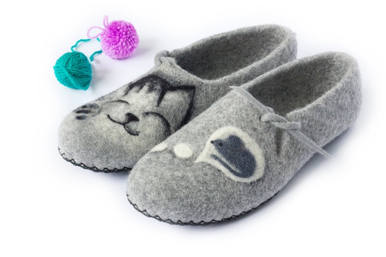 Slippers Felted Women Wool Mom Grandmother Mothers Day Natural Cat and Mouse Felt House Organic Home Gray Shoes Eco Friendly Clogs Pet Lover image 7