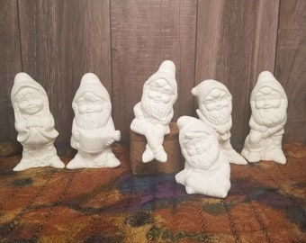 Set of 6 Bisque Ceramic Garden Gnomes: Unpainted DIY Decor