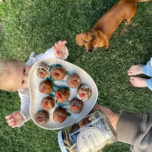 May include: A heart-shaped plate with nine protein balls topped with goji berries, coconut flakes, and chia seeds. A glass jar with a label that reads "Protein Balls" is in the foreground. A baby and a dachshund dog are in the background.