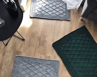 Set of 2 Rugs hand knitted with thick rope DIAMOND 65X75cmand 65x45cm Modern Diamond rug, Crochet floor Rug