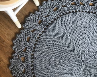 Crocheted round rug fi 100cm  crochet rug  grey rug scandinavian rug