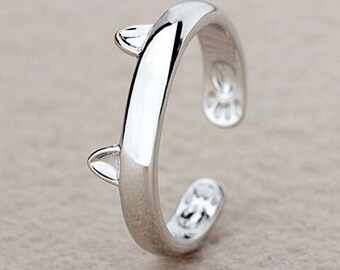 Beautiful Silver Style Cat Ears Ring Jewellery Kitten Cat Lover - One Size Adjustable