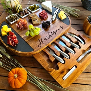 Round Personalized Charcuterie Board Set/19pcs Cheese Board And Knife Set, Realtor Closing gift, Custom Charcuterie board, Wedding Gift image 1