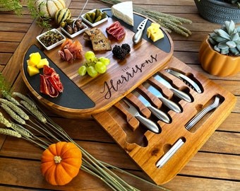 Round Personalized Charcuterie Board Set/19pcs Cheese Board And Knife Set, Realtor Closing gift, Custom Charcuterie board, Wedding Gift