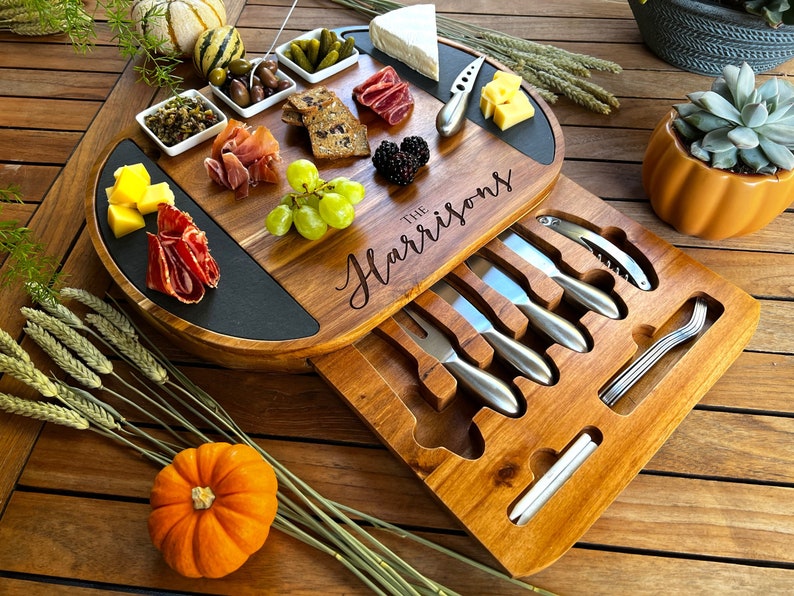 Round Personalized Charcuterie Board Set/19pcs Cheese Board And Knife Set, Realtor Closing gift, Custom Charcuterie board, Wedding Gift image 1