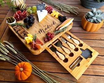 Personalized Charcuterie Board Set/11 pcs Cheese Board And Knife Set, Realtor Closing gift, Custom Charcuterie board, Wedding Gift, Bamboo