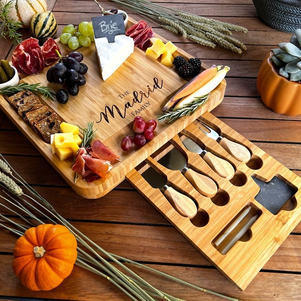 Personalized Charcuterie Board Set/11 pcs Cheese Board And Knife Set, Realtor Closing gift, Custom Charcuterie board, Wedding Gift, Bamboo