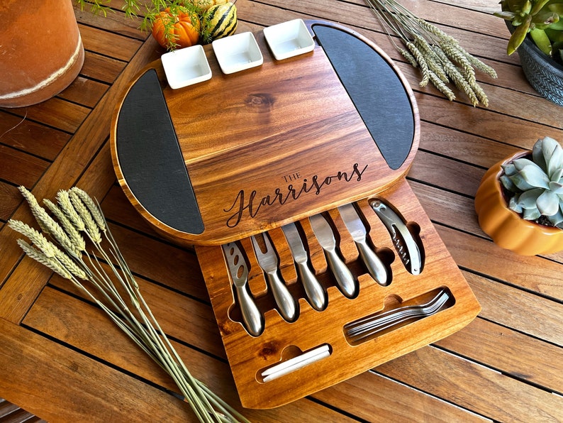 Round Personalized Charcuterie Board Set/19pcs Cheese Board And Knife Set, Realtor Closing gift, Custom Charcuterie board, Wedding Gift image 4